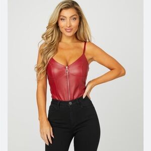 Guess Deep Red Faux Leather Zip-Up Bodysuit - Women's size small